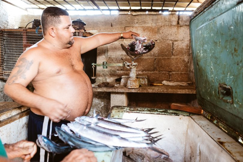 Fischverkauf in einer Hütte im Hinterhof